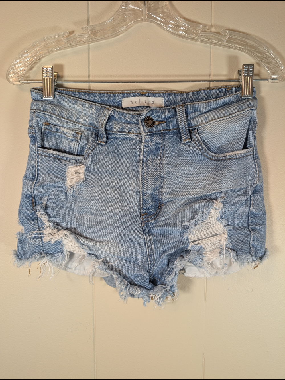 Nature Denim Shorts Women’s Medium Distressed Frayed Cutoff Light Wash Stretch